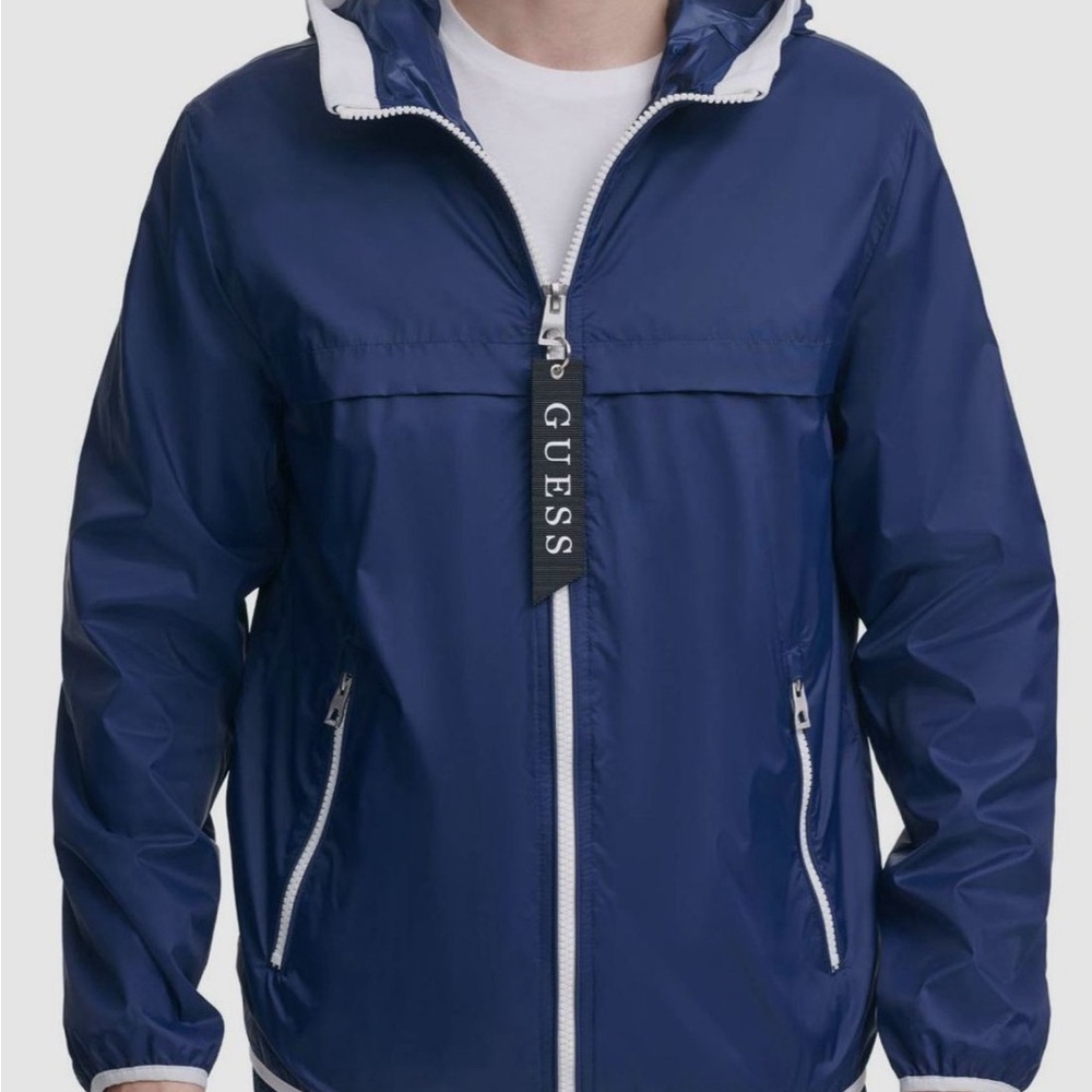 GUESS Men's Navy Blue Lightweight Hooded Windbreaker